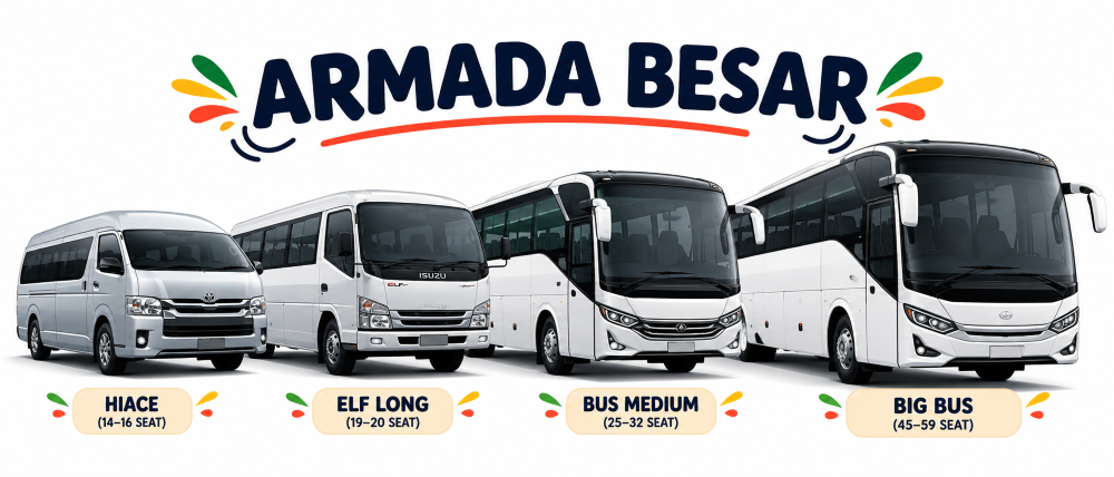Armada besar Ozan Travel: Hiace 14–16 seat, Elf long 19–20 seat, bus medium 25–32 seat, dan big bus 45–59 seat