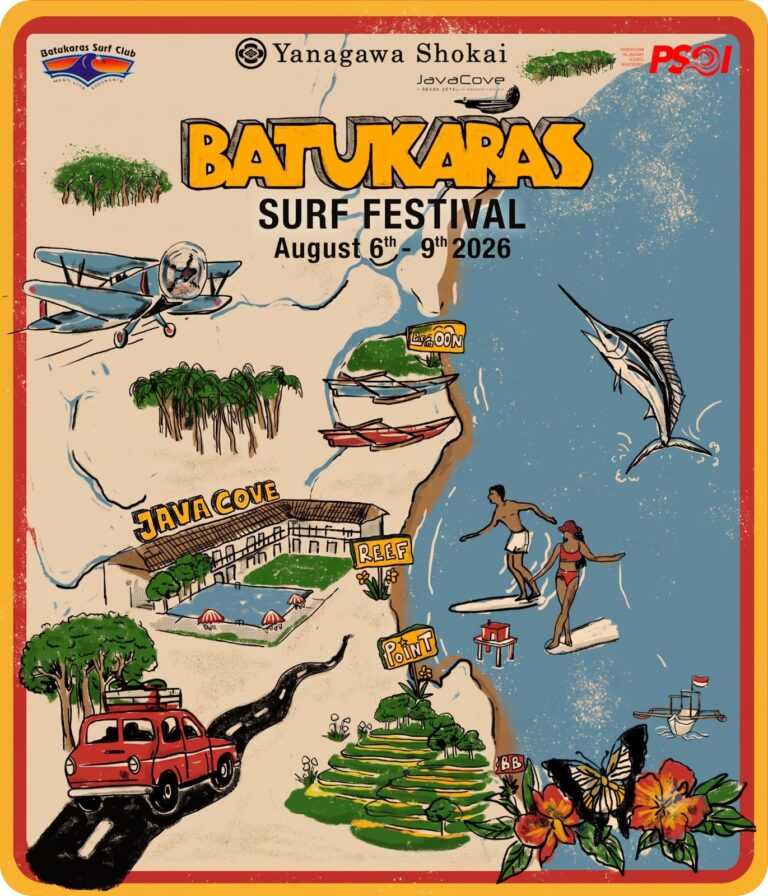Poster Batukaras Surf Festival 6-9 Agustus 2026, ilustrasi peta pesisir vintage
